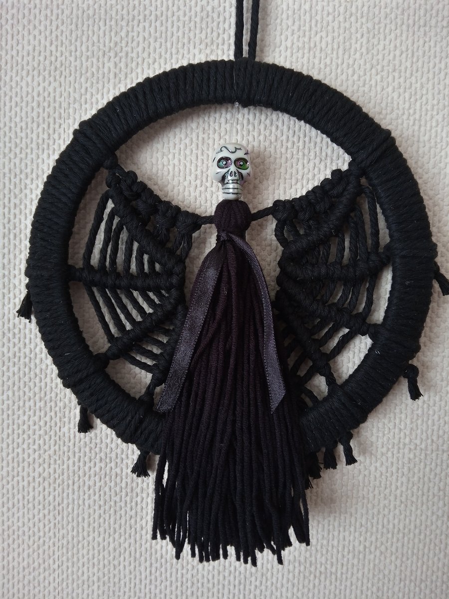 Halloween Spider Angel with skull macrame wall or door decor 