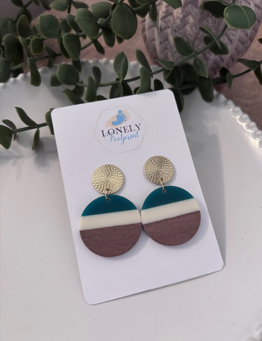 Boho Statement Earrings - Acrylic Resin and Wood Effect - Lightweight Earrings 