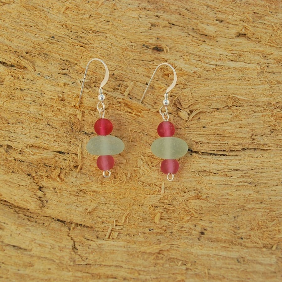 Sea glass earrings with pink beads