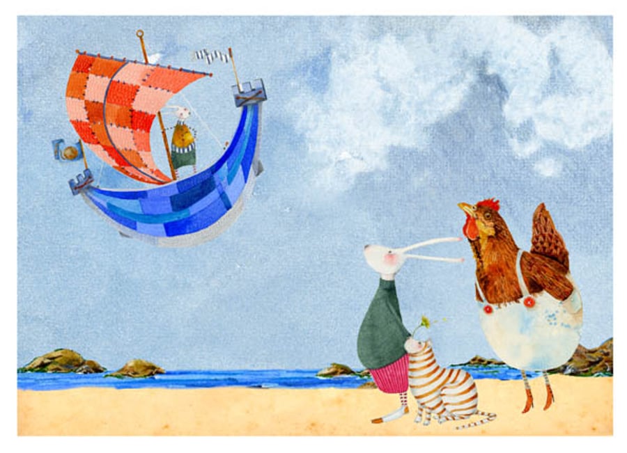 Bunny and friends on beach Giclee A4 print