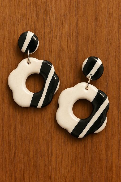 Modern Monochrome Earrings – White Base with Black Stripes