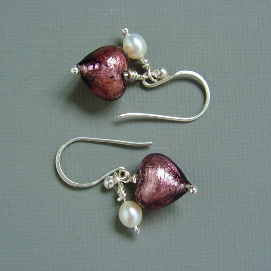 Amethyst Coloured Murano Heart and Freshwater Pearl Dangle Drop Earrings        