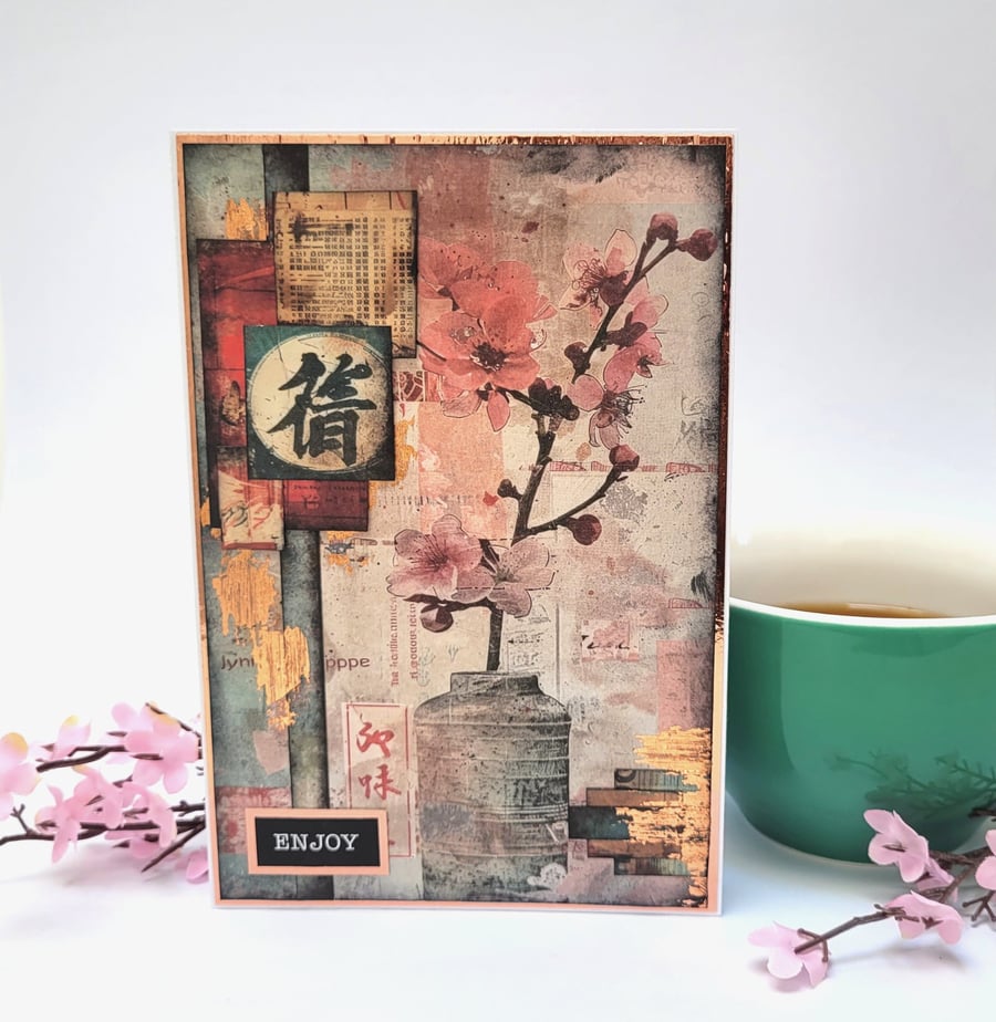 Collage Cherry Blossom Any Occasion Card or Japanese Style Home Decor Piece