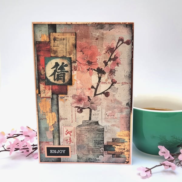 Collage Cherry Blossom Any Occasion Card or Japanese Style Home Decor Piece