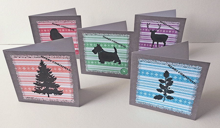 Christmas Cards,Pack of Ten,Colour &Silhoutte Design,Handmade Xmas Cards