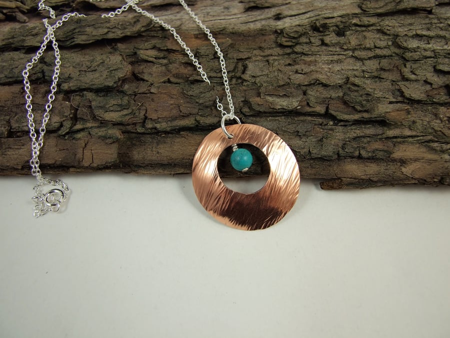 Sterling Silver, Necklace with Turquoise and Hammered Copper Open Disc