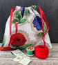 1950s Vintage Barkcloth Fabric Drawstring, Bag Red Roses and Purple Flowers, Red