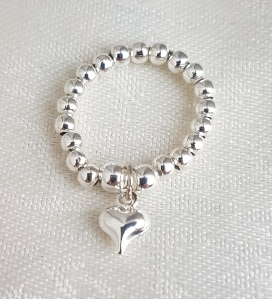 Beautiful Silver bead Ring with Heart charm - Uk Ring Size L-M