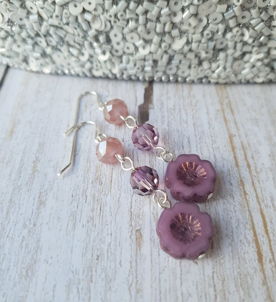 Antique Purple Czech Glass Flower & Swarovski Crystal Triple Dangle Earrings