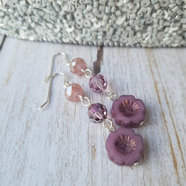 Antique Purple Czech Glass Flower & Swarovski Crystal Triple Dangle Earrings