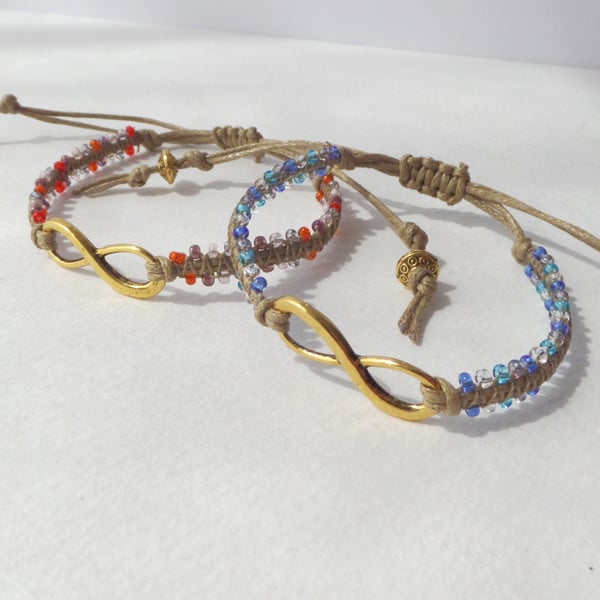 Antique Gold Infinity Bracelet, Macramé and cotton string cord Adjustable