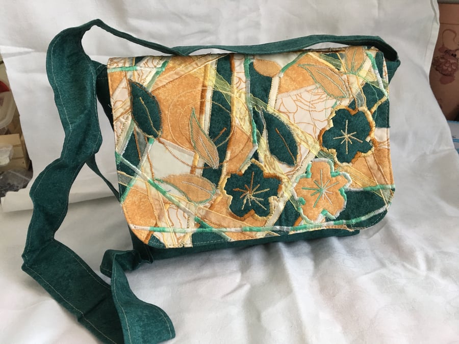 Designer Messenger Cross body Bag, Textile Bag, Greens & Golds Bag, Unique Bag.