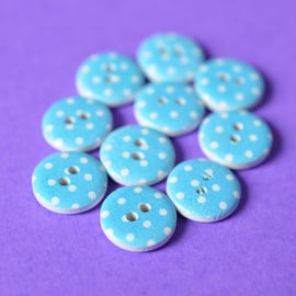 15mm Wooden Spotty Buttons Bright Blue White 10pk Spot Dot (SSP24)