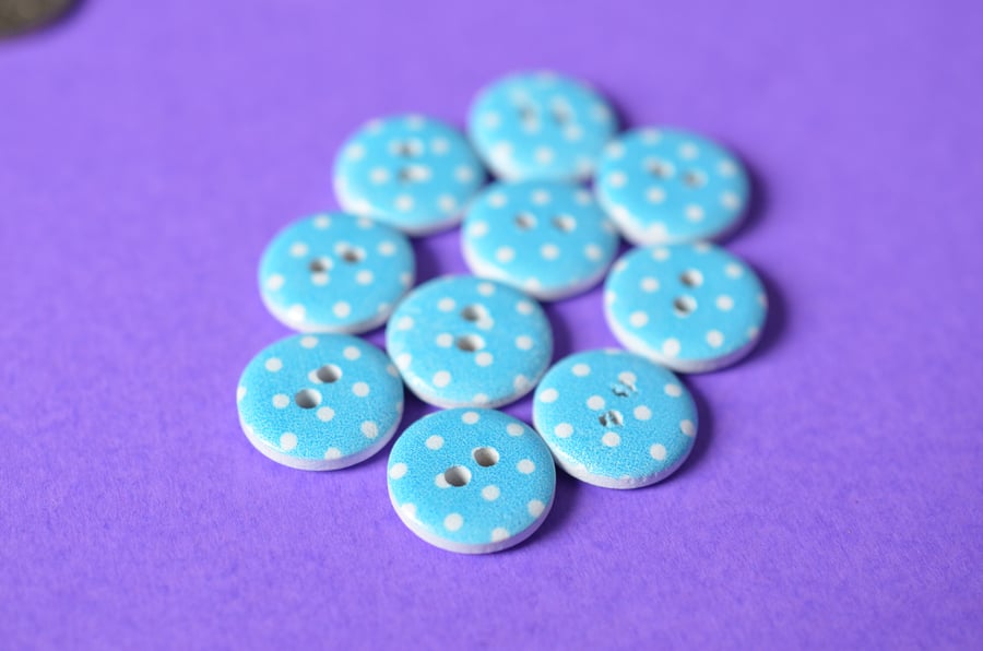 15mm Wooden Spotty Buttons Bright Blue White 10pk Spot Dot (SSP24)