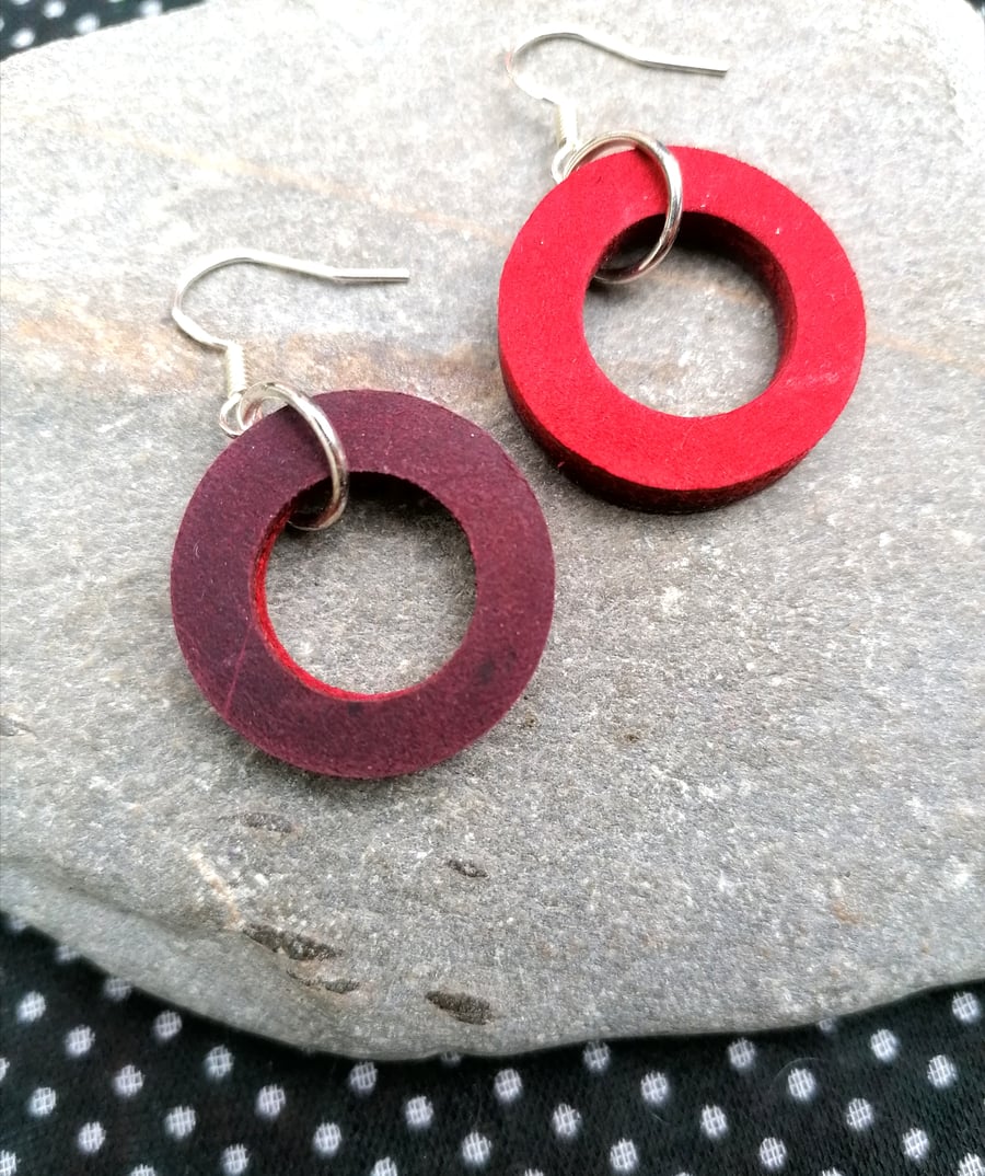 Mini Colour Duo Leather Hoop Earrings - Red & Burgundy, Sterling Silver