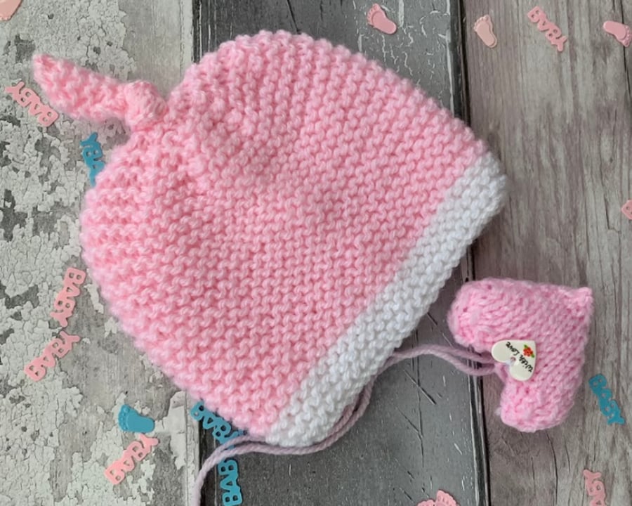 Hand knitted pink baby hat and heart gift 