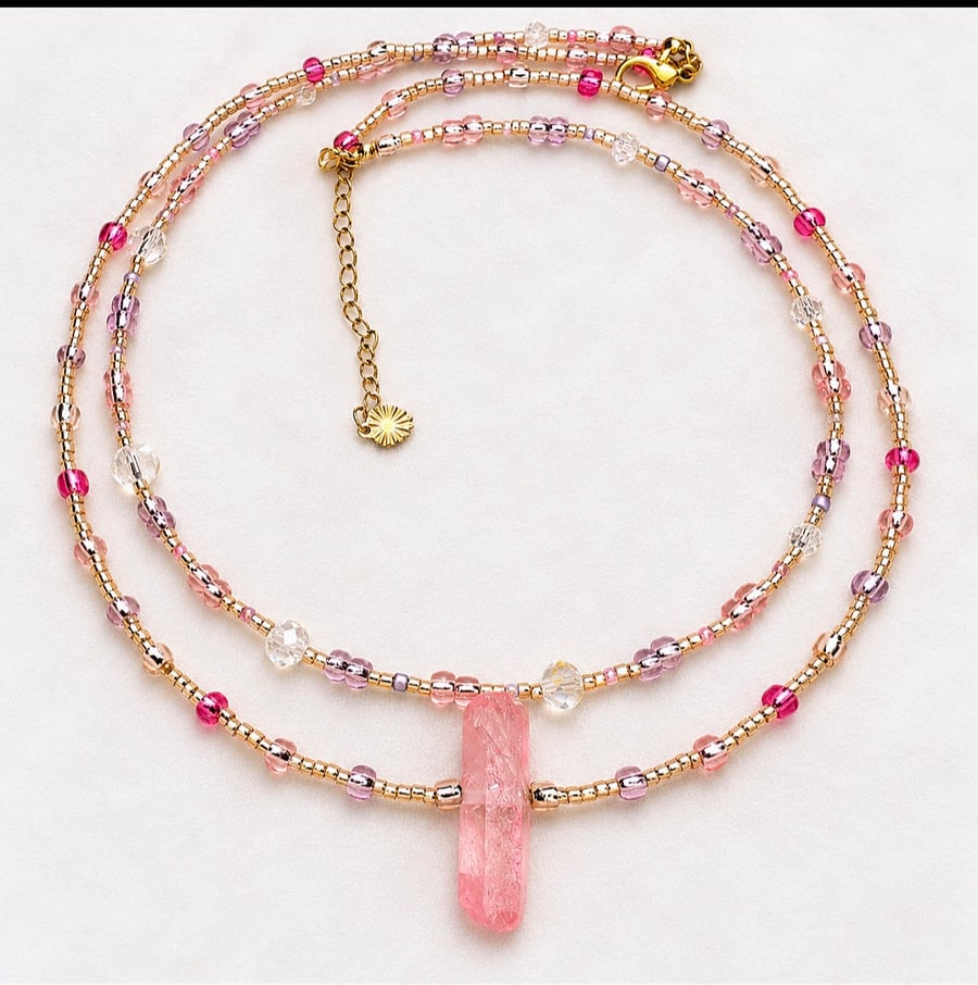 Pink Crystal Pendant Necklace with Glass Beads and Gold-Tone Details – Handmade 