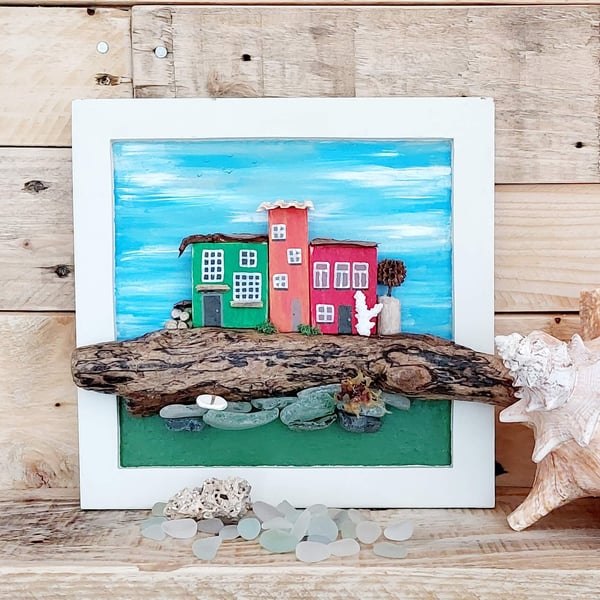 Driftwood Colourful Coastal Cottages - Sustainable Driftwood Miniature Art