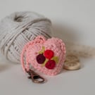 Apricot Pink Crochet Heart with Embroidery - Keychain