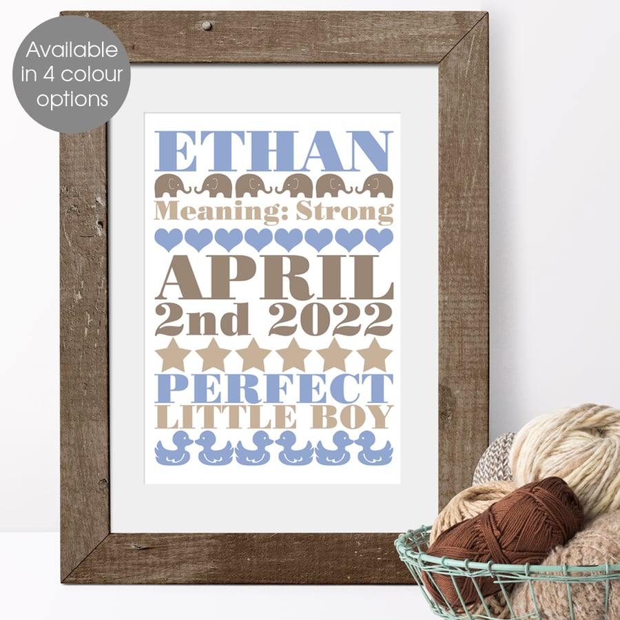 Personalised Meaning of Name Elephant Print, christening gift for new baby