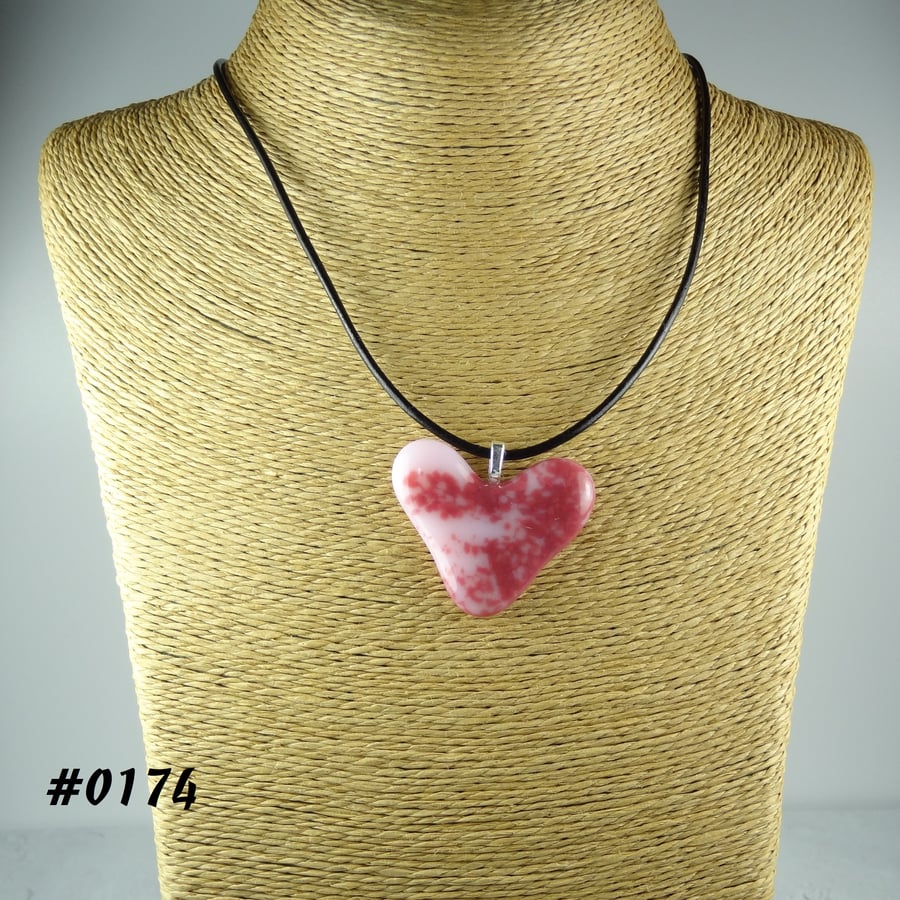 Pink handcrafted fused glass heart pendant on a black leather cord (0174)
