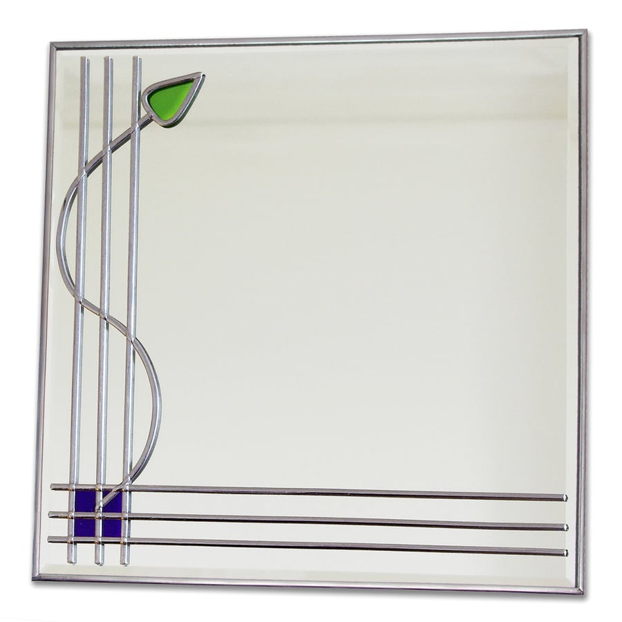 Bars and Bud Twist is an Art Deco Stained Glass Wall Mirror. Hand Crafted.