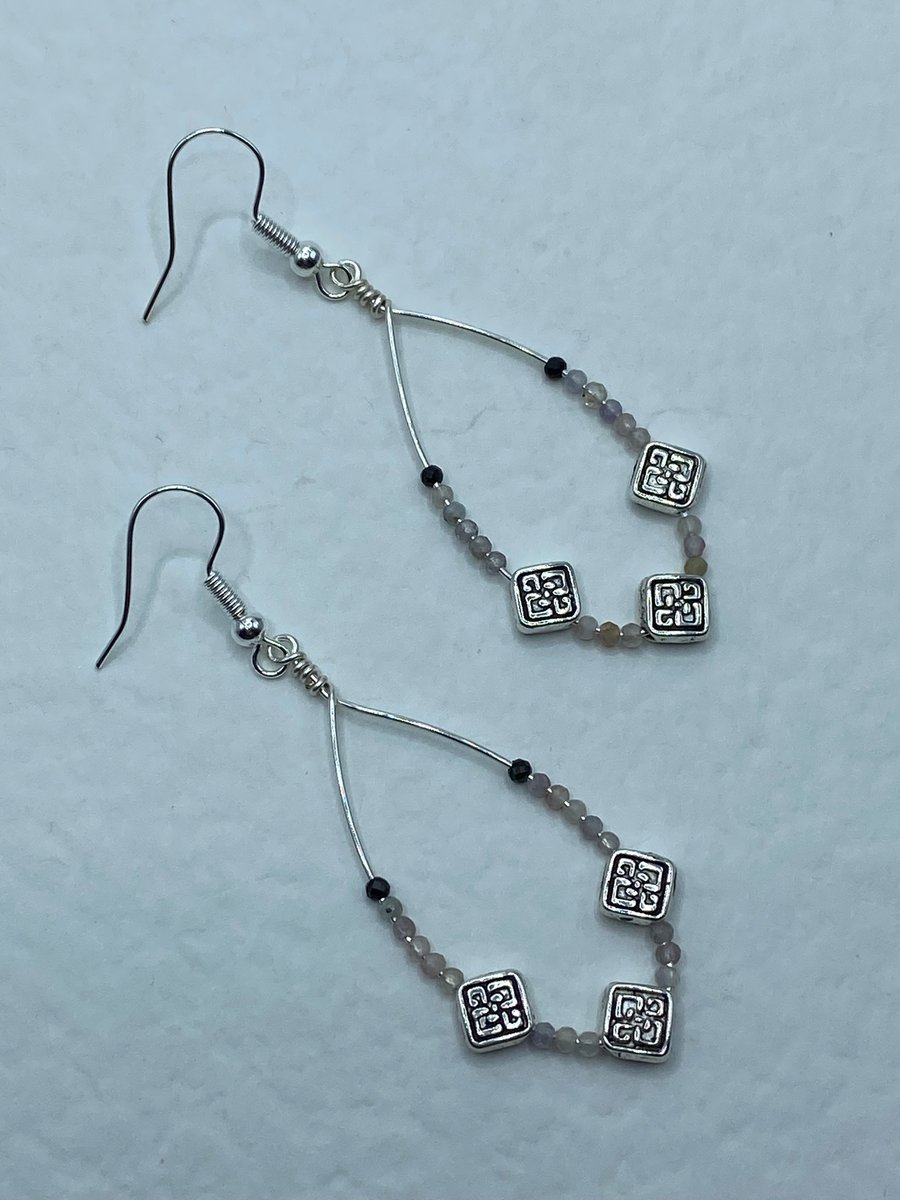 Wire teardrop earrings with tourmaline stones and antique silver tone squares