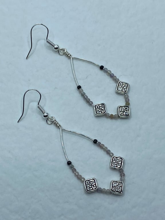 Wire teardrop earrings with tourmaline stones and antique silver tone squares