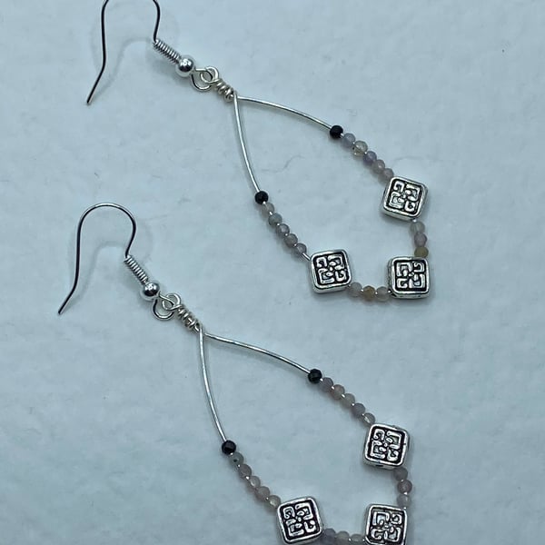Wire teardrop earrings with tourmaline stones and antique silver tone squares