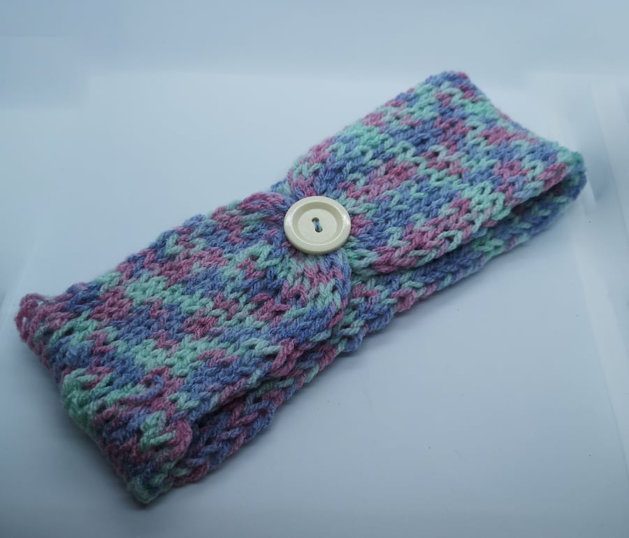 Handknitted pink, purple and mint earwarmer