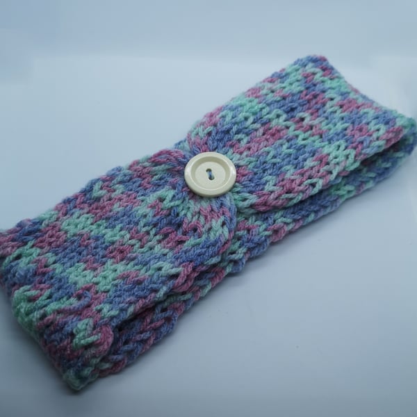 Handknitted pink, purple and mint earwarmer