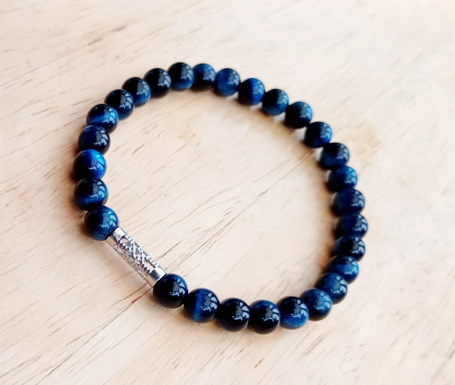 Blue Tiger Eye Stretch Bracelet, 6mm Gemstone Beads, Girlfriend Gift 