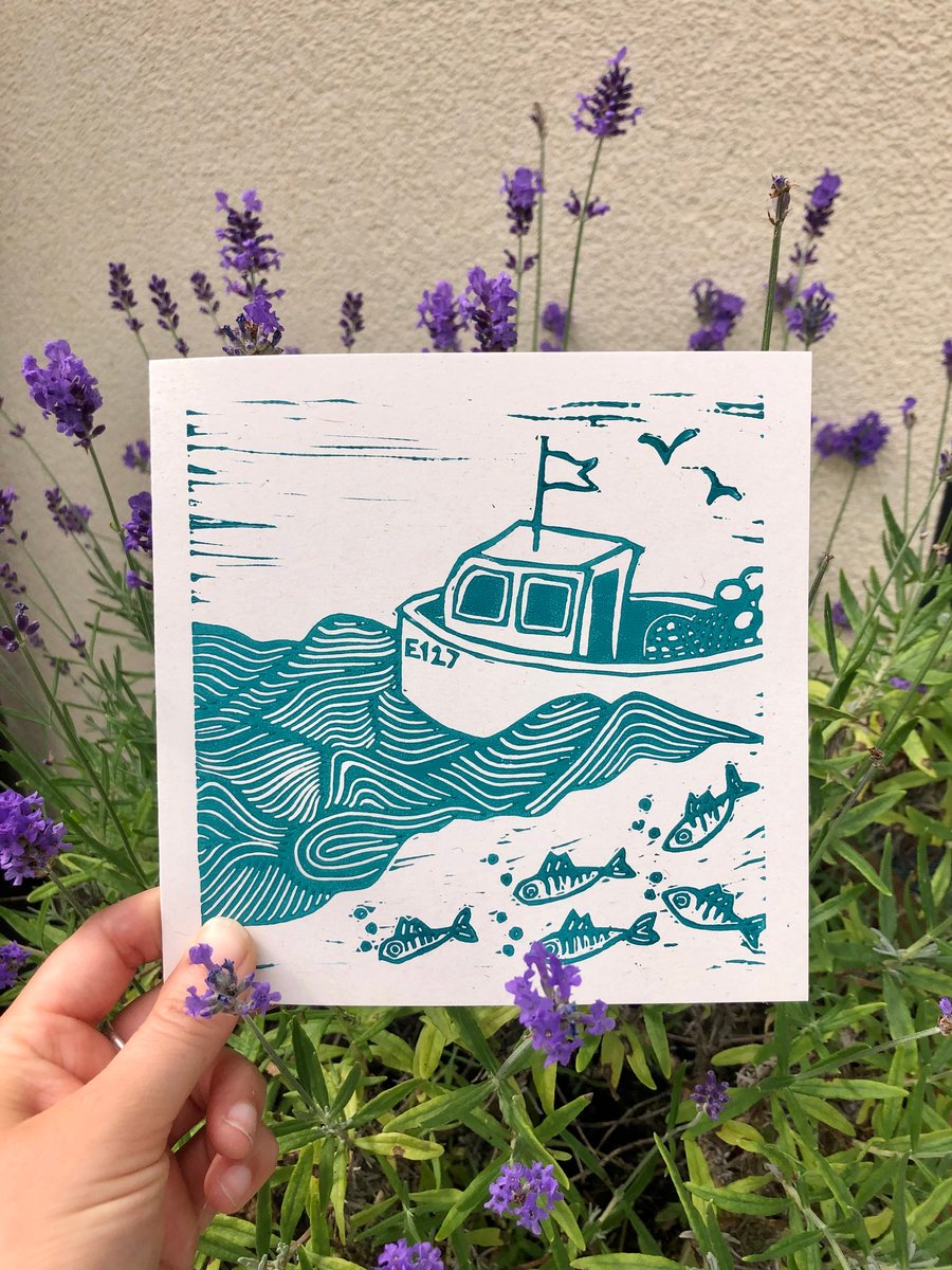 Mackerel Waves Linocut Card