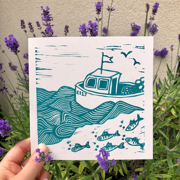 Mackerel Waves Linocut Card