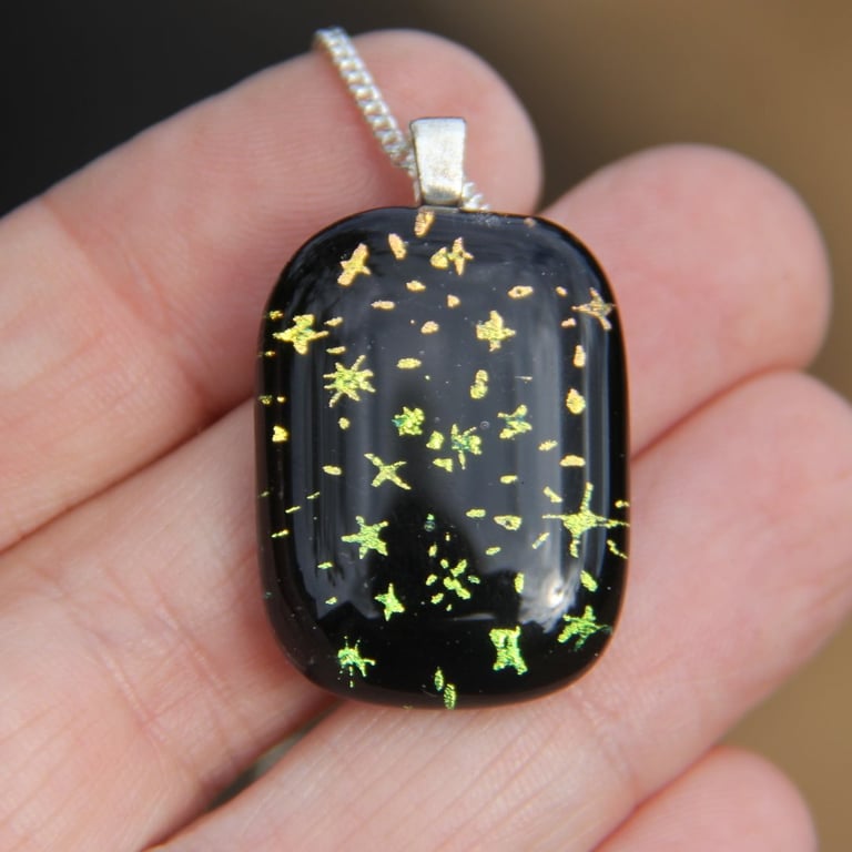 Orange Gold Star Pattern Dichroic Glass Pendant,  Fused Glass Necklace F23