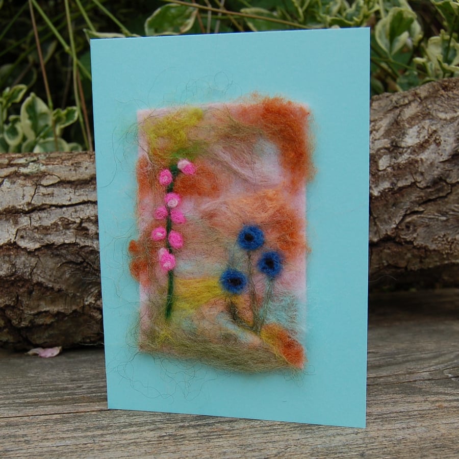 Birthday card, Foxglove and Cornflowers,  Needlefelt wool card, wild flowers