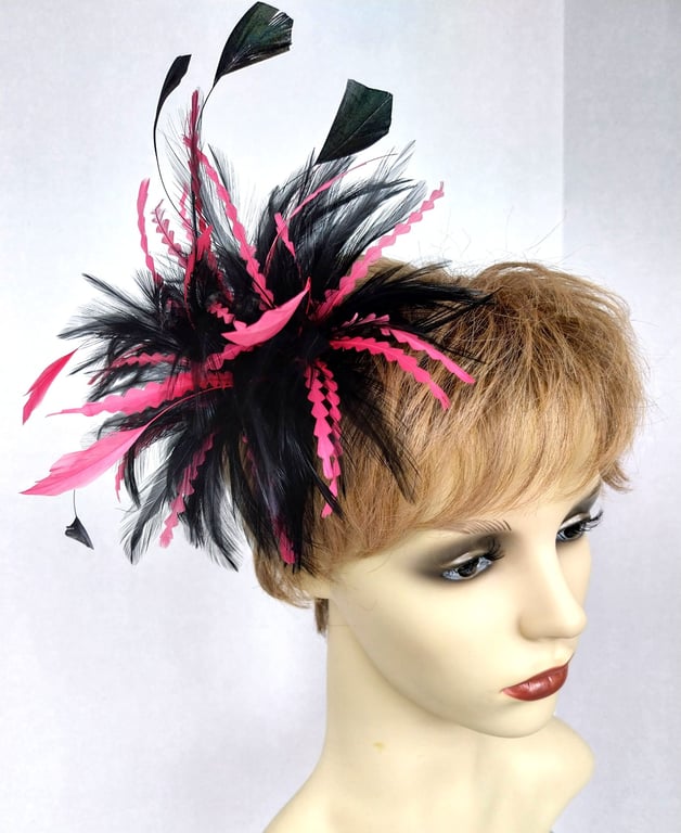 Pink and black feather explosion fascinator