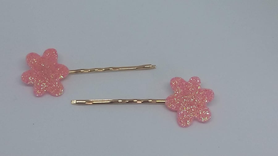 Felt darker pink glitter flower bobby pins