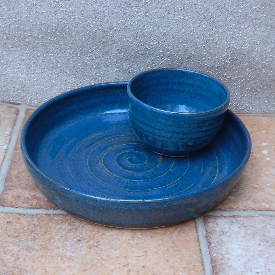 Chip and dip set hors d'oeuvres dish hand thrown in stoneware.