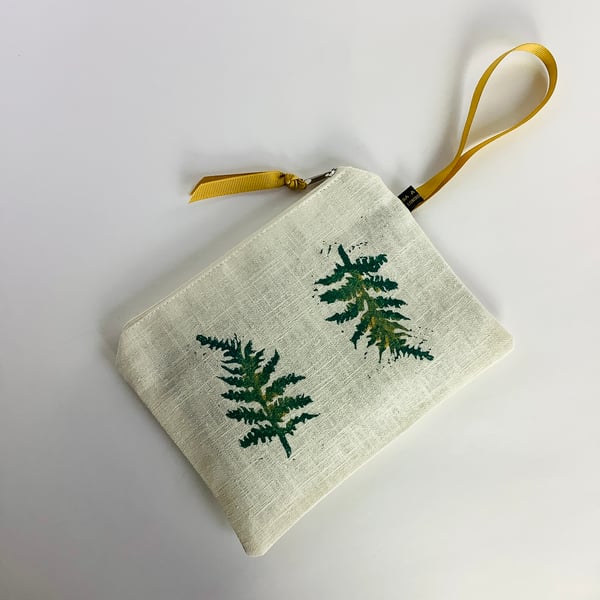 Fern Print Linen Zip-Up Pouch; Makeup Bag; Hand printed Purse 