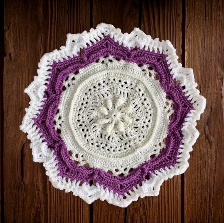 Handmade Purple & Cream Crochet Round Mandala Doily Mat. 42 cm by 42 cm.