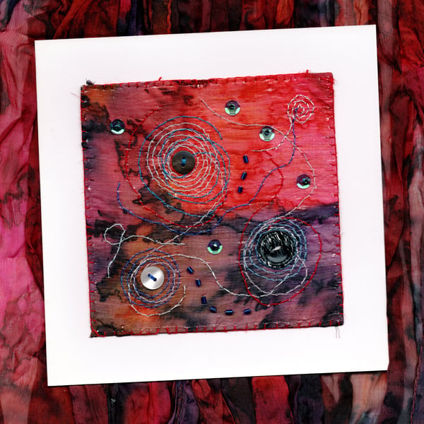 "Passion 1": Hand-embroidered Silk Greetings Card, with buttons and sequins