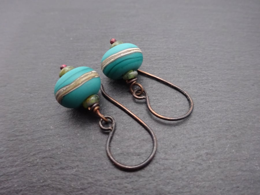 lampwork glass earrings, green copper jewellery