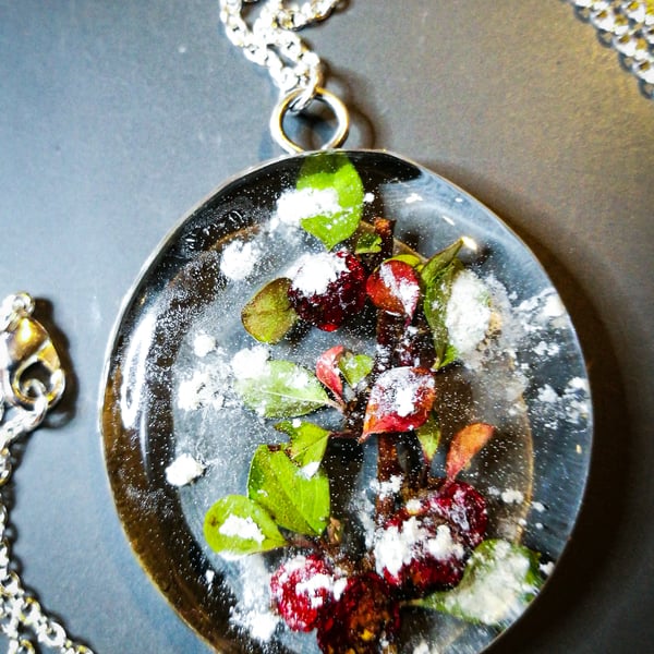 Sterling silver and resin preserved winter cotoneaster pendant