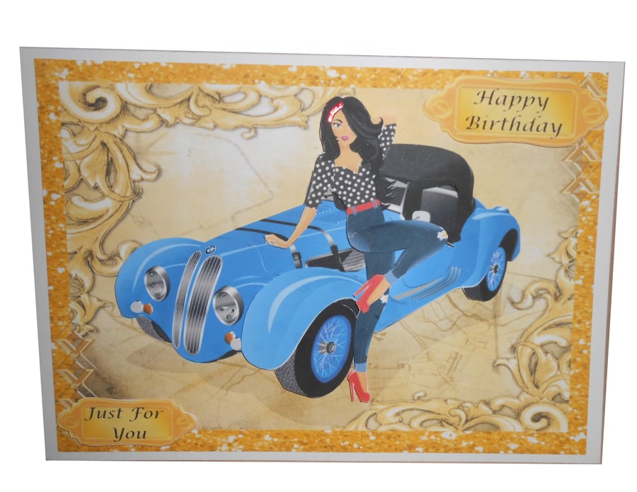 Girl in Jeans leaning on blue car - Birthday