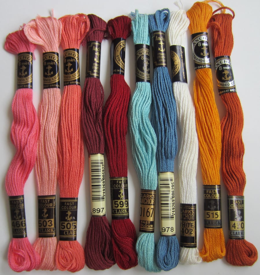 10 Skeins of Anchor Embroidery Threads - Assorted Colours.