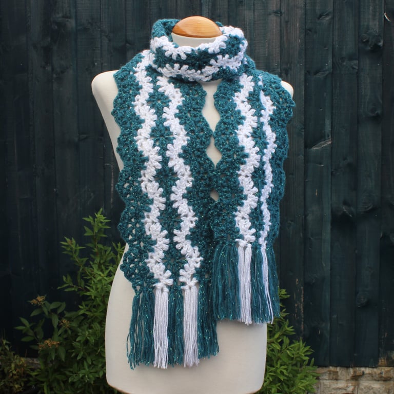 Crochet Stripey Scarf in Sparkly Teal and Sparkly White