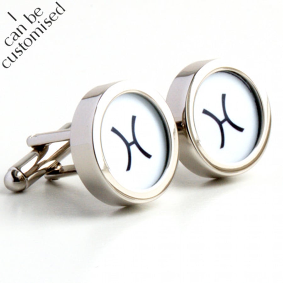 Pisces Cufflinks in Black & White or Personalised Colour Perfect Birthday Gift