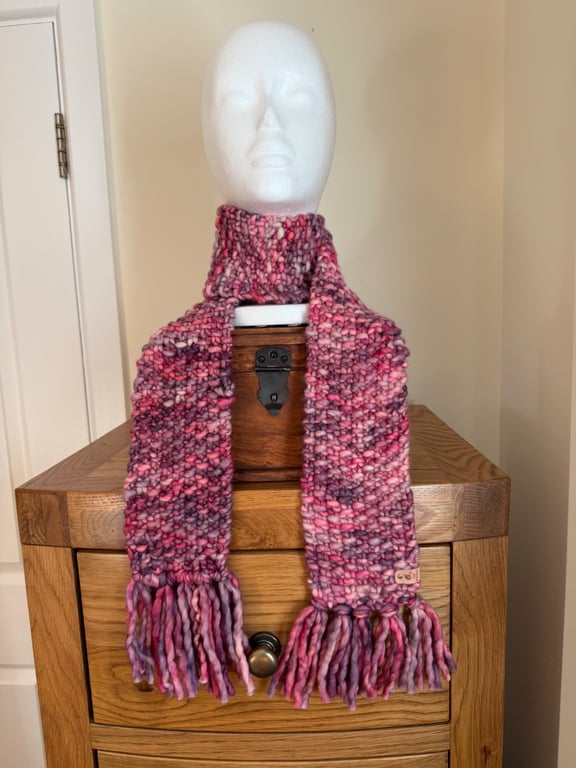 Beautiful Pinks & Purples 100% Merino Wool Scarf knitted with Malabrigo Yarn.  