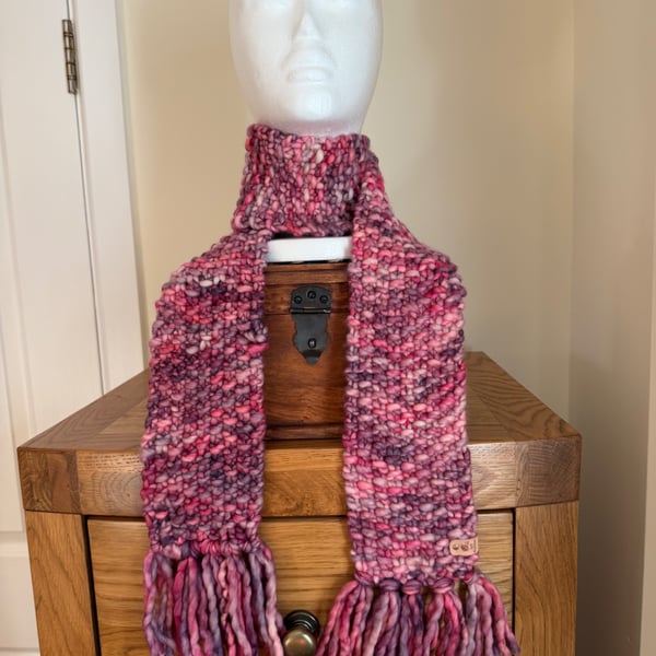 Beautiful Pinks & Purples 100% Merino Wool Scarf knitted with Malabrigo Yarn.  